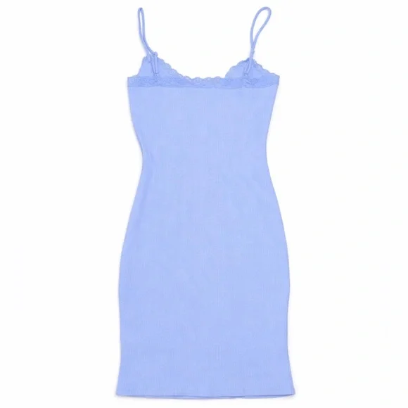 Blue Ribbed Lace Trim Mini Dress Women’s Large - Picture 2 of 2